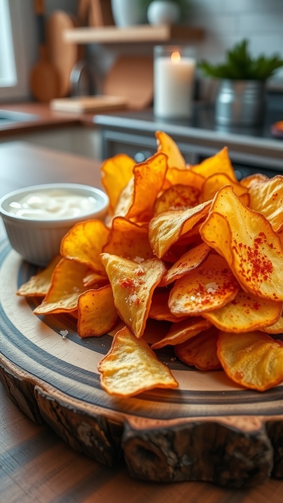 Aesthetic homemade potato chips on a wooden platter with dip, garnished with salt and paprika.